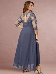 Aimishang Sheath / Column Mother of the Bride Dress Wedding Guest Elegant Jewel Neck Asymmetrical Chiffon Lace 3/4 Length Sleeve with Pleats Solid Color