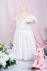 White A-Line Cap Sleeves Flower Girl Dress with Pleated Ruffles