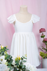 White A-Line Cap Sleeves Flower Girl Dress with Pleated Ruffles