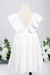 White A-Line Cap Sleeves Flower Girl Dress with Pleated Ruffles