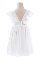 White A-Line Cap Sleeves Flower Girl Dress with Pleated Ruffles