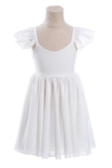 White A-Line Cap Sleeves Flower Girl Dress with Pleated Ruffles