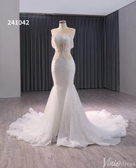 White Beaded Pearl Mermaid Wedding Gown Boat Neck Bridal Dress 241042