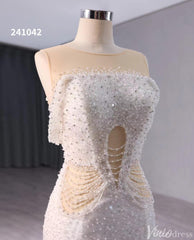 White Beaded Pearl Mermaid Wedding Gown Boat Neck Bridal Dress 241042