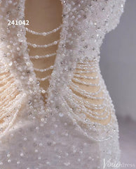 White Beaded Pearl Mermaid Wedding Gown Boat Neck Bridal Dress 241042