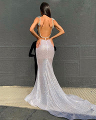 White Deep V-Neck Appliques Sequins Mermaid Backless Prom Dress