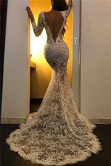 White Lace Long Sleeves Front-Split V-Neck Prom Dress