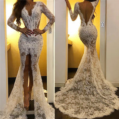 White Lace Long Sleeves Front-Split V-Neck Prom Dress