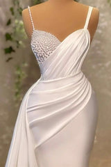 White Long Mermaid Spaghetti Strap Satin Pearls Evening Prom Dresses