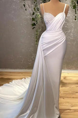 White Long Mermaid Spaghetti Strap Satin Pearls Evening Prom Dresses