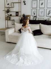 White Long Sleeves Ball Gown with Bow Appliques for Flower Girl Dress