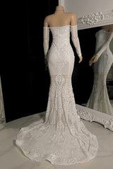 White Long Sleeves Off Shoulder Lace Sheath Prom Dress