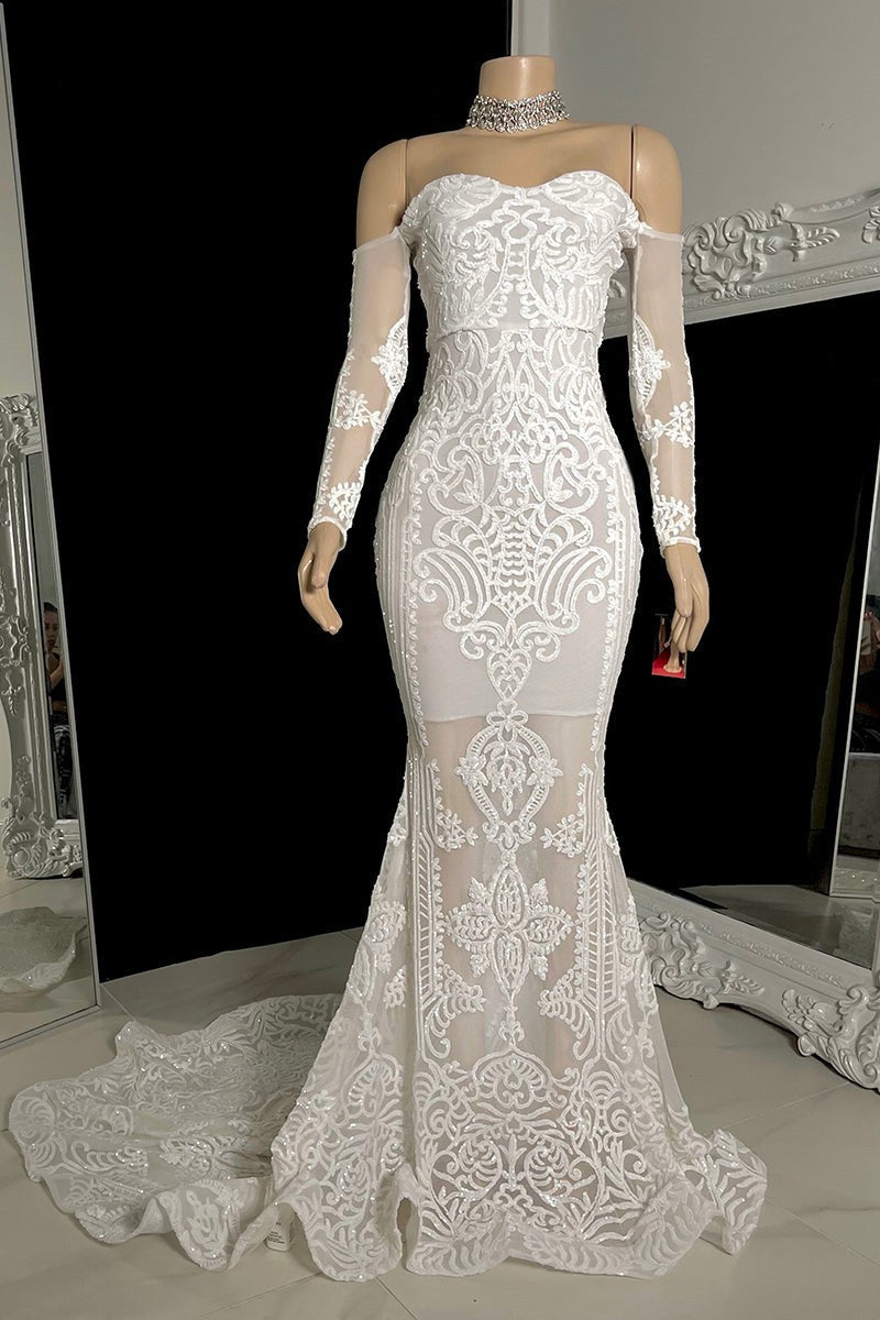 White Long Sleeves Off Shoulder Lace Sheath Prom Dress