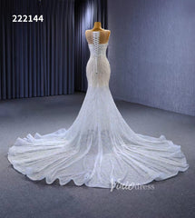 White Mermaid Wedding Dress Beaded Sheer Bridal Gown 222144