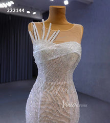 White Mermaid Wedding Dress Beaded Sheer Bridal Gown 222144