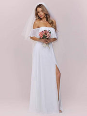 White Simple Wedding Dress Chiffon Bateau Neck Sleeveless Split Front A-Line Long Bridal Gowns