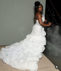 White Sweetheart Sheath Organza Side Slit Flowers Prom Dresses