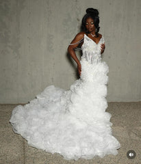 White Sweetheart Sheath Organza Side Slit Flowers Prom Dresses
