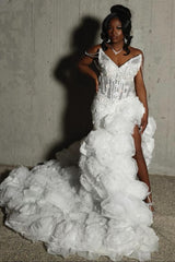 White Sweetheart Sheath Organza Side Slit Flowers Prom Dresses