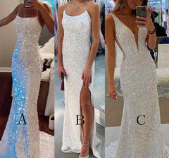 2024 Mermaid White Iridescent Prom Dress Sequin Sparkly Evening Gown Backless