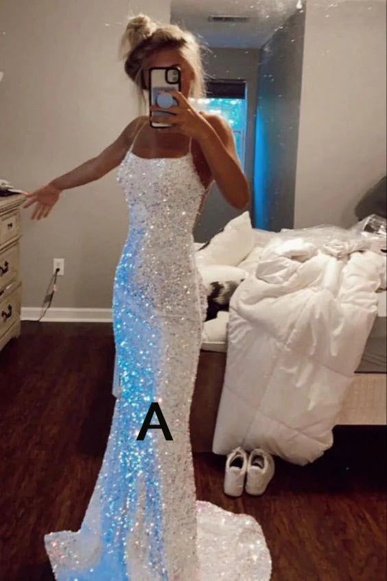 2024 Mermaid White Iridescent Prom Dress Sequin Sparkly Evening Gown Backless