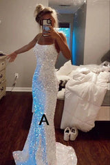 2024 Mermaid White Iridescent Prom Dress Sequin Sparkly Evening Gown Backless