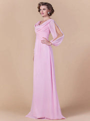 Sheath / Column Mother of the Bride Dress Vintage Inspired Cowl Neck Floor Length Chiffon Long Sleeve with Criss Cross Ruched