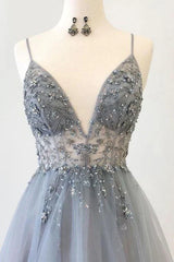 A Line Tulle Spaghetti Straps V Neck Appliques Long Prom Dress Beautiful