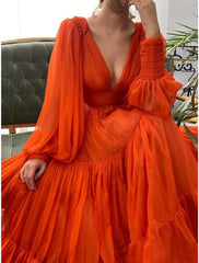 A-Line Evening Gown Elegant Dress Red Green Dress Formal Wedding Guest Floor Length Long Sleeve V Neck Chiffon with Ruched
