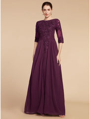 Aimishang  Sheath / Column Mother of the Bride Dress Wedding Guest Elegant Scoop Neck Floor Length Chiffon Lace Half Sleeve with Pleats Sequin