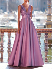 A-Line Evening Gown Elegant Dress Formal Floor Length Sleeveless V Neck Satin with Pleats Strappy