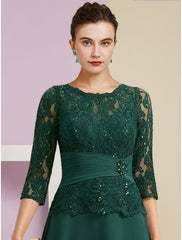 Aimishang  A-Line Mother of the Bride Dress Wedding Guest Elegant Scoop Neck Floor Length Stretch Chiffon 3/4 Length Sleeve with Lace Sequin Ruching