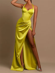 Mermaid / Trumpet Evening Gown Corsets Dress Formal Wedding Guest Floor Length Sleeveless Halter Neck Satin with Ruched Slit 2025