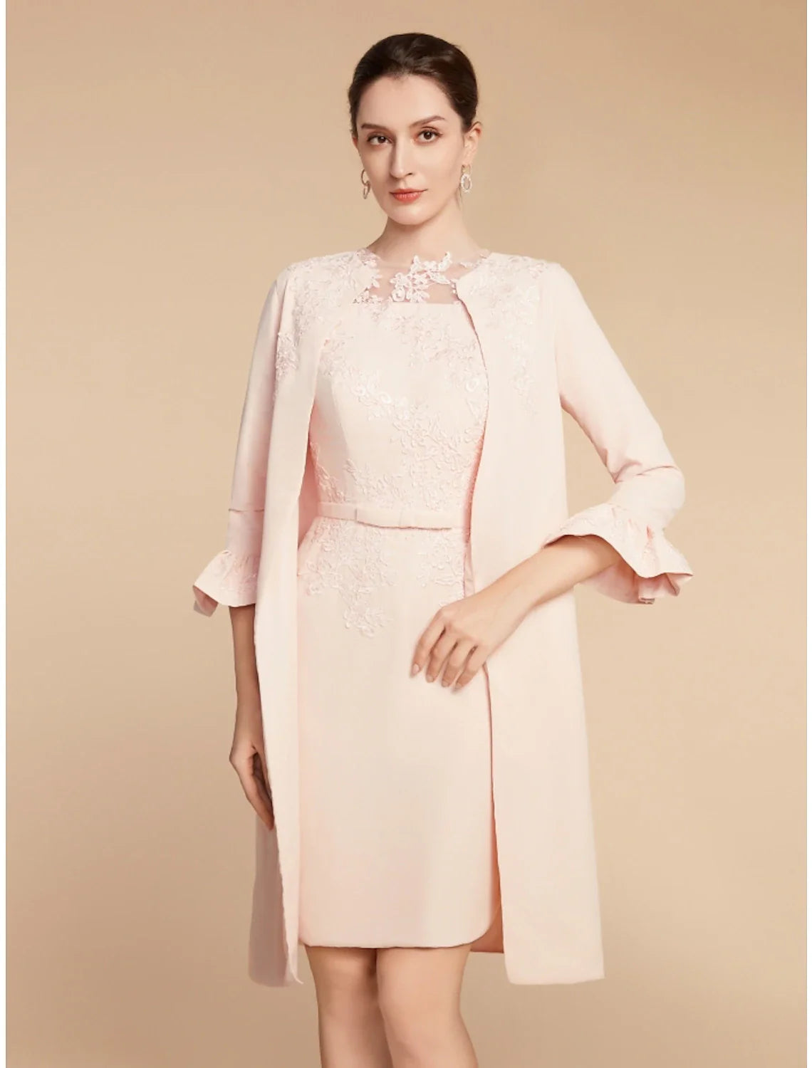 Aimishang  Two Piece A-Line Mother of the Bride Dress Wedding Guest Elegant Petite Jewel Neck Short / Mini Lace Stretch Fabric 3/4 Length Sleeve with Bow(s) Ruffles Solid Color