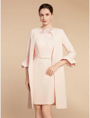 Aimishang  Two Piece A-Line Mother of the Bride Dress Wedding Guest Elegant Petite Jewel Neck Short / Mini Lace Stretch Fabric 3/4 Length Sleeve with Bow(s) Ruffles Solid Color