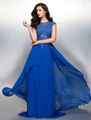 Wholesa Sheath / Column Elegant Floral Formal Evening Wedding Party Dress Illusion Neck Short Sleeve Sweep / Brush Train Chiffon with Appliques