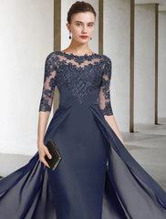Sheath / Column Mother of the Bride Dress Plus Size Elegant Jewel Neck V Neck Floor Length Chiffon Lace Half Sleeve with Ruched Appliques