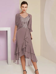 Two Piece A-Line Mother of the Bride Dress Formal Wedding Guest Elegant High Low V Neck Asymmetrical Tea Length Chiffon Lace Short Sleeve 3/4 Length Sleeve Wrap Included with Appliques