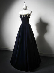 A-Line Velvet Dark Blue Long Prom Dress With Beads