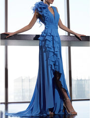 Aimishang A-Line Evening Gown Floral Dress Formal Prom Court Train Sleeveless V Neck Fall Wedding Guest Chiffon with Ruffles Shouder Flower