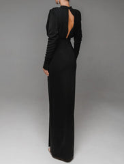 Sheath Evening Gown Elegant Dress Formal Red Green Dress Floor Length Long Sleeve High Neck Stretch Fabric with Ruched Slit