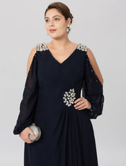 Aimishang  Sheath / Column Mother of the Bride Dress Plus Size Elegant High Low V Neck Asymmetrical Chiffon Stretch Satin Long Sleeve with Criss Cross Crystals
