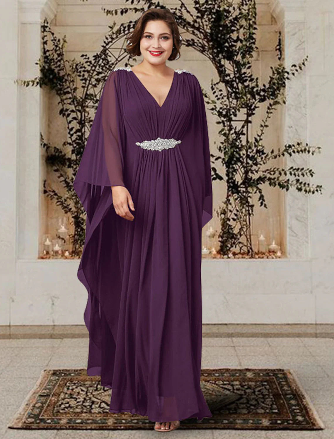 Aimishang  A-Line Mother of the Bride Dress Plus Size Elegant V Neck Floor Length Chiffon Long Sleeve with Pleats Crystals