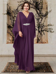 Aimishang  A-Line Mother of the Bride Dress Plus Size Elegant V Neck Floor Length Chiffon Long Sleeve with Pleats Crystals