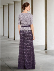 Aimishang  A-Line Mother of the Bride Dress Wedding Guest Elegant V Neck Floor Length Lace Short Sleeve with Bow(s) Ruching