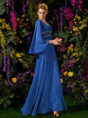 A-Line Mother of the Bride Dress Vintage Inspired V Neck Floor Length Chiffon Long Sleeve with Crystals Beading Side Draping