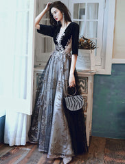 A-Line Glittering Cut Out Party Wear Formal Evening Dress Illusion Neck Half Sleeve Floor Length Velvet with Sequin Appliques