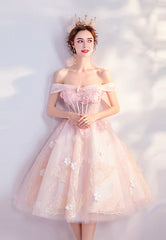 Pink Lace Short Prom Dresses, Off the Shoulder Evening Dresses