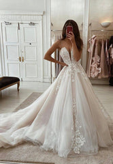 A-Line Spaghetti Lace Long Prom Dresses, Formal Evening Dresses
