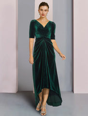 Aimishang  A-Line Mother of the Bride Dress Wedding Guest Elegant High Low V Neck Asymmetrical Tea Length Velvet Short Sleeve with Ruched